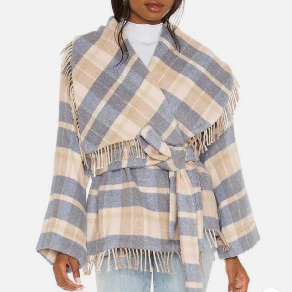 LoveShackFancy Harrison Wrap Jacket in Blue + Cream Plaid